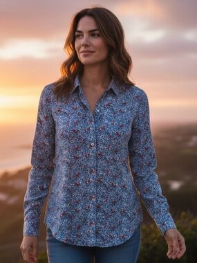 beachlunchlounge Blue Floral Button-Down Shirt with Red Accents